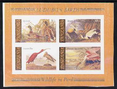 Tanzania 1986 John Audubon unmounted mint imperf colour proof of m/sheet printed in all colours but several being very 'dry' (SG MS 468), stamps on , stamps on  stamps on audubon, stamps on  stamps on birds, stamps on  stamps on ducks, stamps on  stamps on mallard, stamps on  stamps on eider, stamps on  stamps on ibis, stamps on  stamps on spoonbill