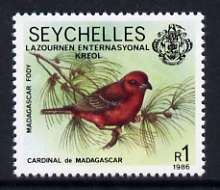 Seychelles 1986 International Creole Day 1R Madagascar Red Fody with 1986 imprint date unmounted mint, SG 653, stamps on birds