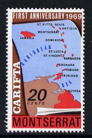 Montserrat 1969 CARIFTA 20c with wmk sideways inverted, unmounted mint SG 224Ei*, stamps on maps