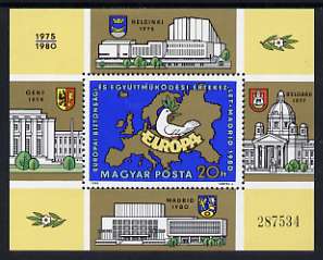 Hungary 1980 European Security and Co-operation Conference Madrid m/sheet unmounted mint, SG MS 3347, stamps on , stamps on  stamps on maps, stamps on  stamps on dove, stamps on  stamps on peace, stamps on  stamps on arms, stamps on  stamps on heraldry, stamps on  stamps on architecture