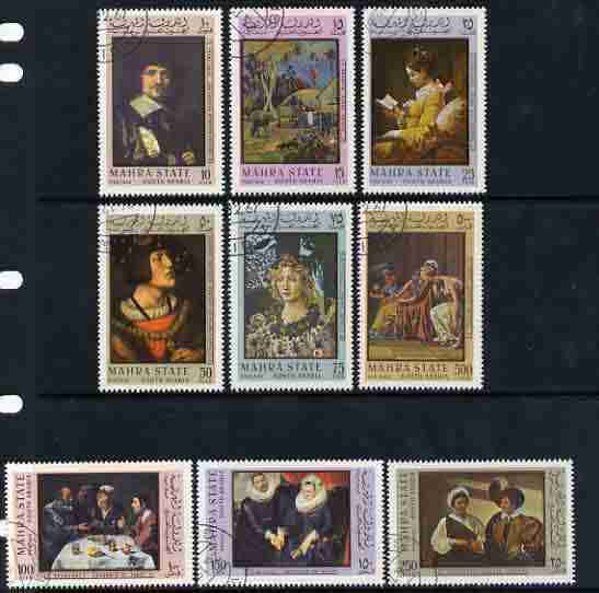 Aden - Mahra 1967 Paintings perf set of 9 fine cto used, Mi 48-56, stamps on , stamps on  stamps on arts, stamps on  stamps on botticelli, stamps on  stamps on  caravaggio, stamps on  stamps on van dyck, stamps on  stamps on david, stamps on  stamps on hals, stamps on  stamps on gauguin, stamps on  stamps on velasquez