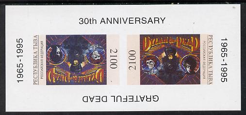 Touva 1995 Grateful Dead imperf souvenir sheet containing 2100 value arranged tete-beche unmounted mint, stamps on music  personalities     pops    skulls, stamps on dylan