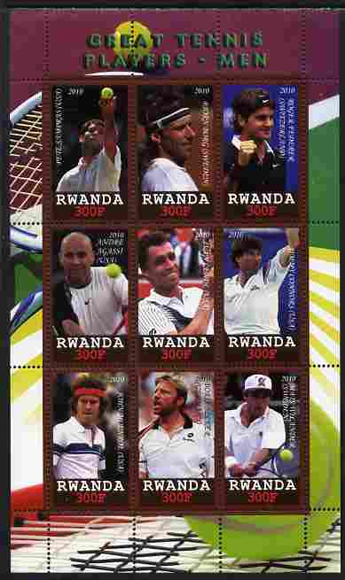 Rwanda 2010 Great Tennis Players - Men perf sheetlet containing 9 values unmounted mint, stamps on sport, stamps on tennis