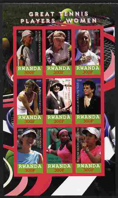 Rwanda 2010 Great Tennis Players - Women imperf sheetlet containing 9 values unmounted mint, stamps on sport, stamps on tennis, stamps on women