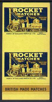 Match Box Labels - North of England Match Co Ltd, West Hartelpool 'All Round the Box' matchbox label for Rocket Matches showing 'Rocket' locomotive and tender., stamps on , stamps on  stamps on railways