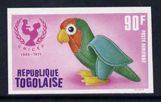 Togo 1971 Toy Parrot 90f imperf from UNICEF Anniversary set of 6 from limited printing unmounted mint, as SG 853, stamps on birds, stamps on parrots, stamps on toys