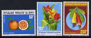 Benin 1990 Fruit & Flowers set of 3 unmounted mint, SG 1121-23, stamps on , stamps on  stamps on flowers, stamps on  stamps on fruit, stamps on  stamps on food