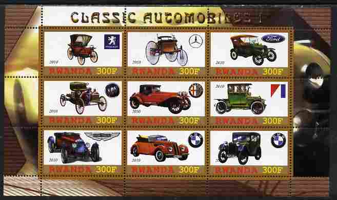 Rwanda 2010 Classic Cars #1 perf sheetlet containing 9 values unmounted mint, stamps on , stamps on  stamps on cars