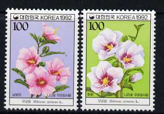 South Korea 1992 Hibiscus syriacus (national flower) set of 2 unmounted mint, SG 1985-86, stamps on , stamps on  stamps on flowers