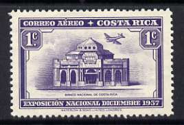 Costa Rica 1938 Plane Over Bank 1c (from national Exhibition set) unmounted mint, SG 244, stamps on , stamps on  stamps on aviation, stamps on  stamps on banks, stamps on  stamps on money, stamps on  stamps on finance