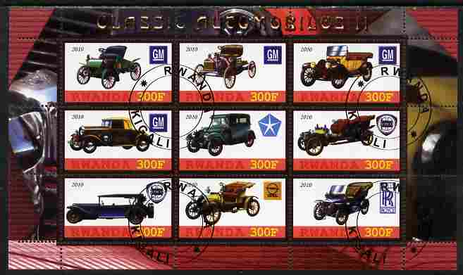 Rwanda 2010 Classic Cars #2 perf sheetlet containing 9 values fine cto used, stamps on cars