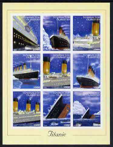 Tadjikistan 1999 The Titanic imperf sheetlet containing set of 9 values unmounted mint, stamps on , stamps on  stamps on ships, stamps on  stamps on titanic, stamps on  stamps on disasters