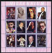 Buriatia Republic 2001 Millennium Personalities #1 perf sheetlet containing set of 12 values unmounted mint (Rolling Stones, Marilyn, John Lennon, Satchmo, Elvis, Queen, ..., stamps on millennium, stamps on personalities, stamps on music, stamps on pops, stamps on jazz, stamps on sinatra, stamps on marilyn monroe, stamps on movies, stamps on cinema, stamps on elvis, stamps on beatles