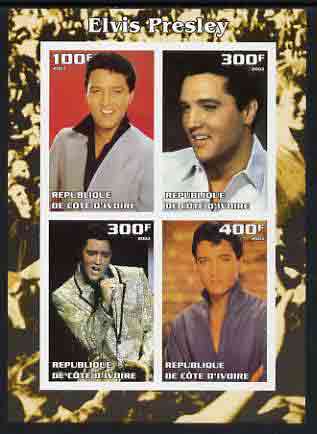 Ivory Coast 2003 Elvis Presley #1 imperf sheetlet containing 4 values, unmounted mint, stamps on , stamps on  stamps on elvis, stamps on  stamps on music, stamps on  stamps on entertainments, stamps on  stamps on films, stamps on  stamps on cinema