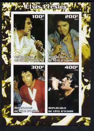 Ivory Coast 2003 Elvis Presley #2 imperf sheetlet containing 4 values, unmounted mint, stamps on elvis, stamps on music, stamps on entertainments, stamps on films, stamps on cinema