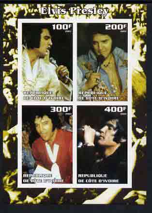 Ivory Coast 2003 Elvis Presley #2 imperf sheetlet containing 4 values, unmounted mint, stamps on , stamps on  stamps on elvis, stamps on  stamps on music, stamps on  stamps on entertainments, stamps on  stamps on films, stamps on  stamps on cinema