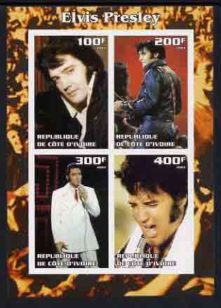 Ivory Coast 2003 Elvis Presley #3 imperf sheetlet containing 4 values, unmounted mint, stamps on , stamps on  stamps on elvis, stamps on  stamps on music, stamps on  stamps on entertainments, stamps on  stamps on films, stamps on  stamps on cinema