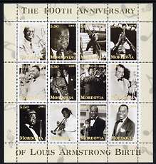 Mordovia Republic 2001 Louis Armstrong perf sheetlet #2 (yellow text) containing set of 12 values complete unmounted mint, stamps on , stamps on  stamps on music, stamps on  stamps on jazz, stamps on  stamps on entertainments, stamps on  stamps on personalities