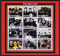 Karakalpakia Republic 2002 The Beatles perf sheetlet containing set of 12 values unmounted mint, stamps on , stamps on  stamps on personalities, stamps on  stamps on entertainments, stamps on  stamps on music, stamps on  stamps on pops, stamps on  stamps on beatles, stamps on  stamps on 