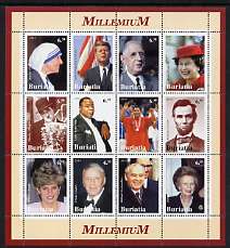 Buriatia Republic 2001 Millennium Personalities #2 perf sheetlet containing set of 12 values unmounted mint (Mother Teresa, JFK, the Queen, Chaplin, Satchmo, Ali, Lincoln...