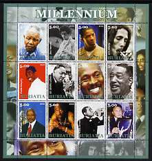 Buriatia Republic 2002 Millennium Personalities #3 perf sheetlet containing set of 12 values unmounted mint (Mandela, Hendrix, Duke Ellington, Satchmo, Ali, etc), stamps on millennium, stamps on personalities, stamps on music, stamps on pops, stamps on jazz, stamps on movies, stamps on cinema, stamps on comedy, stamps on americana, stamps on human rights, stamps on mandela, stamps on nobel, stamps on personalities, stamps on mandela, stamps on nobel, stamps on peace, stamps on racism, stamps on human rights, stamps on masonics, stamps on masonry