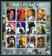 Buriatia Republic 2002 Millennium Personalities #4 perf sheetlet containing set of 12 values unmounted mint (Martin Luther King, Hendrix, Duke Ellington, Satchmo, Ali, etc), stamps on , stamps on  stamps on millennium, stamps on  stamps on personalities, stamps on  stamps on music, stamps on  stamps on pops, stamps on  stamps on jazz, stamps on  stamps on movies, stamps on  stamps on cinema, stamps on  stamps on comedy, stamps on  stamps on americana, stamps on  stamps on human rights, stamps on  stamps on masonics, stamps on  stamps on masonry