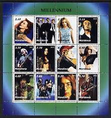 Mordovia Republic 2002 Millennium Personalities perf sheetlet containing set of 12 values unmounted mint (Madonna, Hendrix, Jagger, Lennon, Kiss etc), stamps on millennium, stamps on personalities, stamps on music, stamps on pops, stamps on movies, stamps on cinema, stamps on beatles, stamps on 