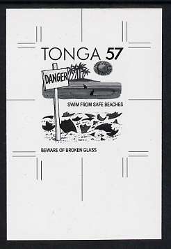 Tonga 1991 Accident Prevention 57s (Safety on the Beach with English inscription) B&W photographic Proof, as SG 1126, stamps on accident, stamps on environment, stamps on swimming, stamps on sharks