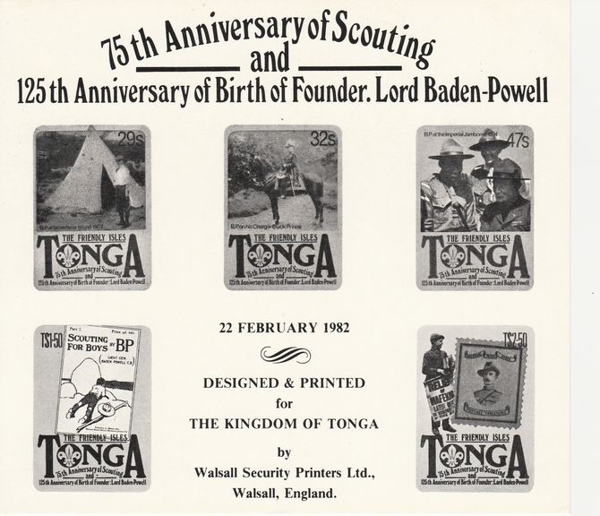 Tonga 1982 75th Anniversary of Scouting Walsall Security Printers publicity card showing the set of 5 in black, stamps on scouts
