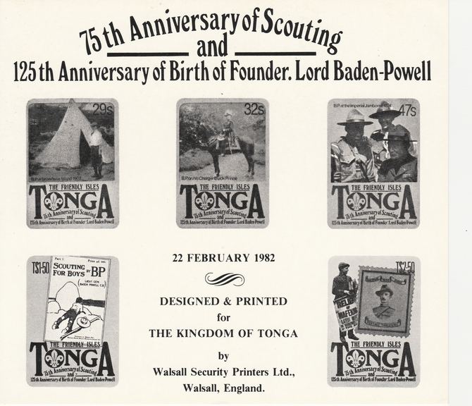 Tonga 1982 75th Anniversary of Scouting Walsall Security Printers publicity card showing the set of 5 in black, stamps on scouts