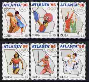 Cuba 1996 Atlanta Olympic Games (1st series) perf set of 6 cto used, SG 3987-92, stamps on , stamps on  stamps on olympics, stamps on  stamps on weightlifting, stamps on  stamps on judo, stamps on  stamps on wrestling, stamps on  stamps on volleyball, stamps on  stamps on running, stamps on  stamps on baseball, stamps on  stamps on martial arts