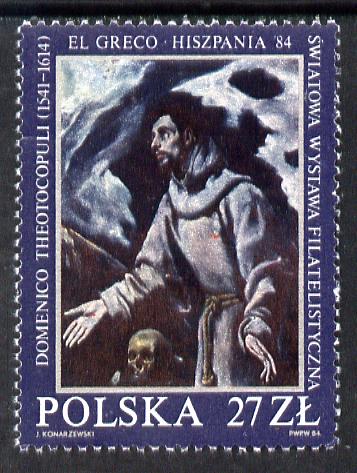 Poland 1984 'Espana 84' Stamp Exhibition (St Francis by El Greco) unmounted mint SG 2927, stamps on arts, stamps on religion, stamps on saints, stamps on stamp exhibitions, stamps on skulls