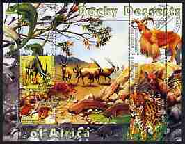 Kyrgyzstan 2004 Fauna of the World - Rocky Desserts of Africa perf sheetlet containing 6 values cto used, stamps on , stamps on  stamps on animals, stamps on  stamps on antelopes, stamps on  stamps on reptiles, stamps on  stamps on chameleons, stamps on  stamps on cats, stamps on  stamps on fish