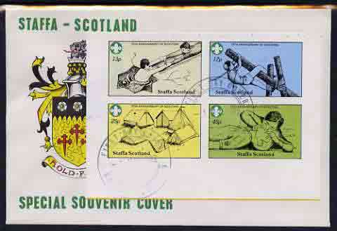 Staffa 1982 75th Anniversary of Scouting imperf set of 4 on cover with first day cancel, stamps on scouts