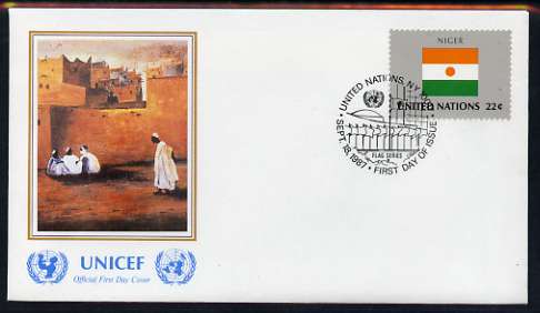 United Nations (NY) 1987 Flags of Member Nations #8 (Niger) on illustrated cover with special first day cancel, stamps on , stamps on  stamps on flags