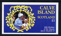 Calve Island 1986 Queen's 60th Birthday imperf souvenir sheet (£1 value) unmounted mint, stamps on royalty, stamps on 60th birthday