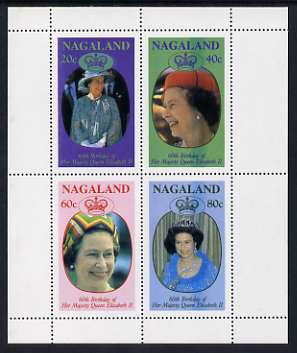 Nagaland 1986 Queen's 60th Birthday perf sheetlet containing set of 4 stamps unmounted mint, stamps on , stamps on  stamps on royalty, stamps on  stamps on 60th birthday