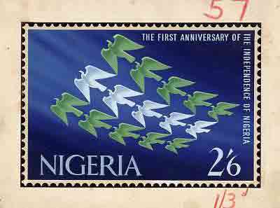 Nigeria 1961 First Anniversary of Independence - original hand-painted artwork for 2s6d value showing eagles in flight endorsed 1s3d and ultimately as issued, by M Shamir on card 9.5x6.5, stamps on , stamps on  stamps on birds, stamps on  stamps on doves