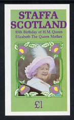 Staffa 1985 Life & Times of HM Queen Mother imperf souvenir sheet (£1 value) unmounted mint, stamps on royalty, stamps on queen mother