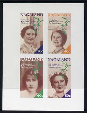 Nagaland 1985 Life & Times of HM Queen Mother imperf sheetlet of 4 values (20c, 40c, 60c & 80c) unmounted mint, stamps on , stamps on  stamps on royalty, stamps on  stamps on queen mother