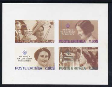 Eritrea 1985 Life & Times of HM Queen Mother imperf sheetlet of 4 values (4 x 0.80s values) unmounted mint, stamps on , stamps on  stamps on royalty, stamps on  stamps on queen mother