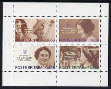 Eritrea 1985 Life & Times of HM Queen Mother perf sheetlet of 4 values (4 x 0.80s values) unmounted mint, stamps on , stamps on  stamps on royalty, stamps on  stamps on queen mother