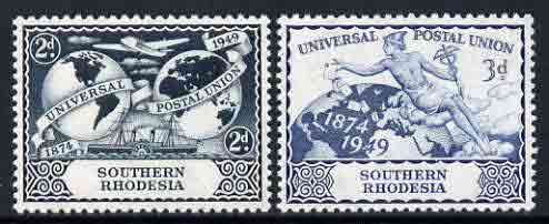 Southern Rhodesia 1949 Universal Postal Union Anniversary perf set of 2 unmounted mint, SG 68-69, stamps on , stamps on  stamps on , stamps on  stamps on  upu , stamps on  stamps on  kg6 , stamps on  stamps on 