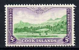 Cook Islands 1949-61 Douglas DC-3 at Rarotonga Airfield 5d unmounted mint, SG 154*, stamps on aviation, stamps on airports, stamps on douglas, stamps on  dc , stamps on  kg6 , stamps on 
