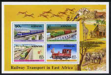 Kenya 1976 Railways perf m/sheet unmounted mint, SG MS 70, stamps on , stamps on  stamps on railways, stamps on  stamps on animals, stamps on  stamps on elephants, stamps on  stamps on giraffes, stamps on  stamps on bridges