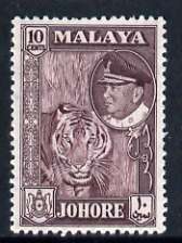 Malaya - Johore 1960 Tiger 10c maroon (from def set) unmounted mint, SG 160*, stamps on , stamps on  stamps on tigers, stamps on  stamps on cats