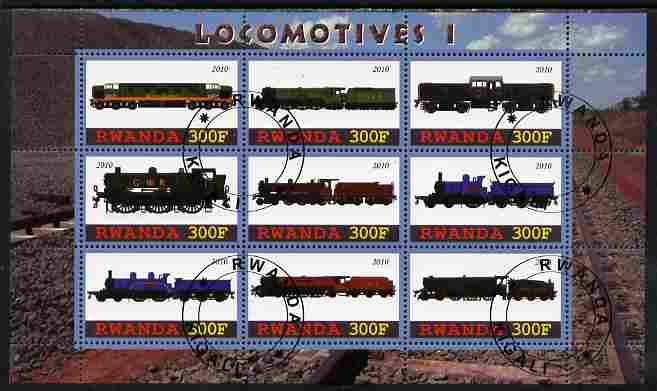 Rwanda 2010 Locomotives #1 perf sheetlet containing 9 values fine cto used, stamps on , stamps on  stamps on railways