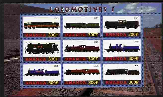 Rwanda 2010 Locomotives #1 perf sheetlet containing 9 values unmounted mint, stamps on , stamps on  stamps on railways