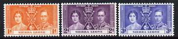 Sierra Leone 1937 KG6 Coronation perf set of 3 unmounted mint, SG 185-87*, stamps on royalty, stamps on , stamps on  kg6 , stamps on , stamps on coronation