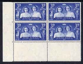 South Africa 1947 KG6 Royal Visit 3d unmounted mint positional corner block of 4 including R19/2 Blinded Princess variety, stamps on , stamps on  stamps on royalty, stamps on  stamps on royal visit, stamps on  stamps on  kg6 , stamps on  stamps on 